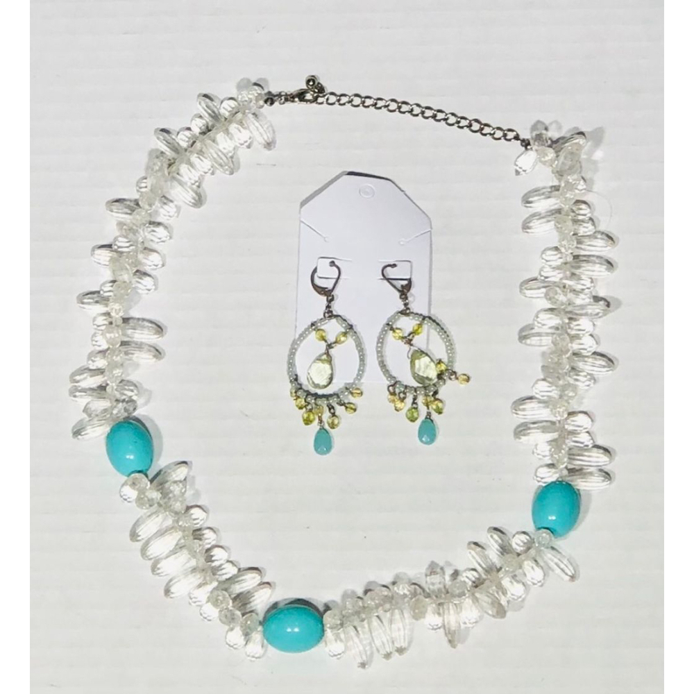Vintage Beaded Silver Chain Turquoise Necklace and Earring Set